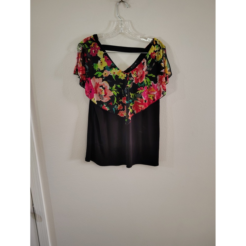 Adele & May Black Floral Mesh Overlay V-Neck Blouse Flutter Sleeve 11097A Small